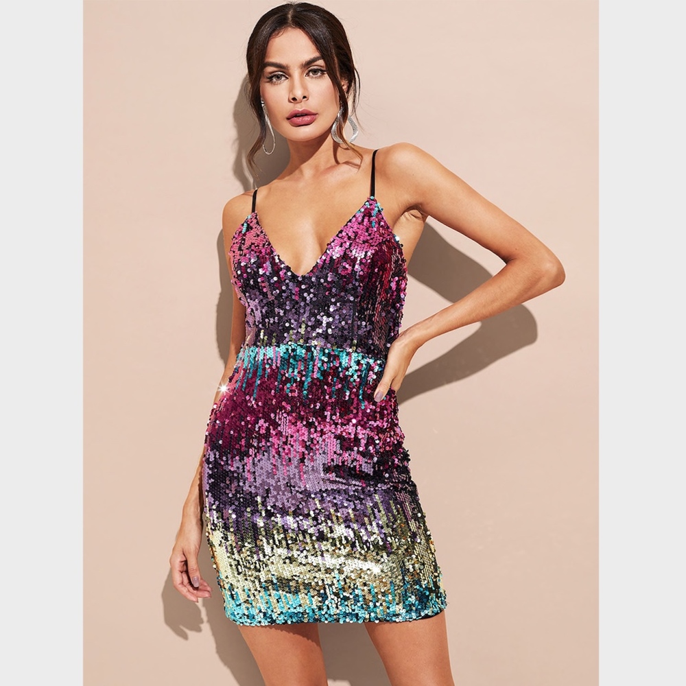 Spaghetti Strap Multi-Color Sequin Cami Mini Dress - Picture 4 of 8